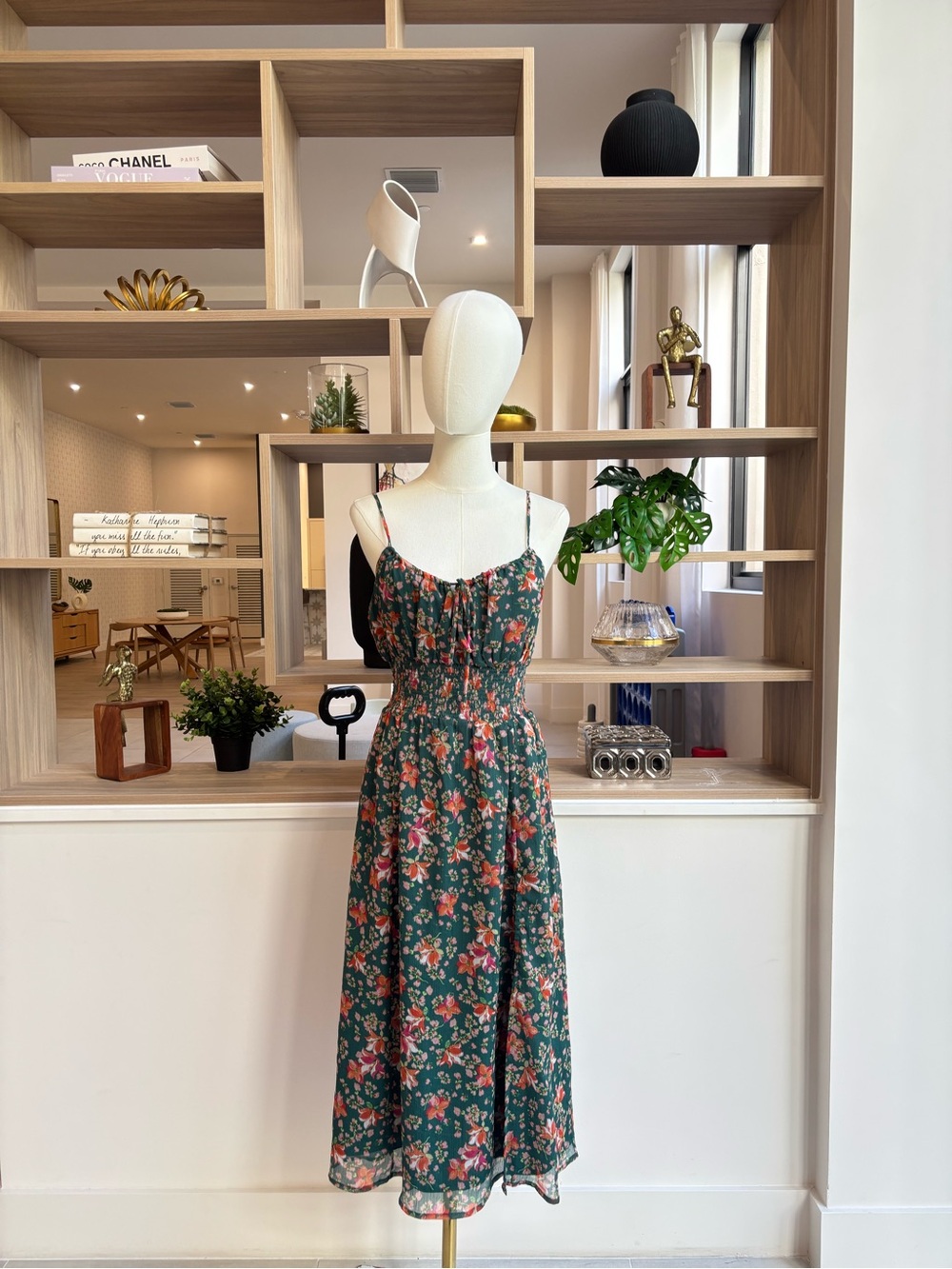 Patrons of Peace Forest Green Floral Smocked Midi Dress